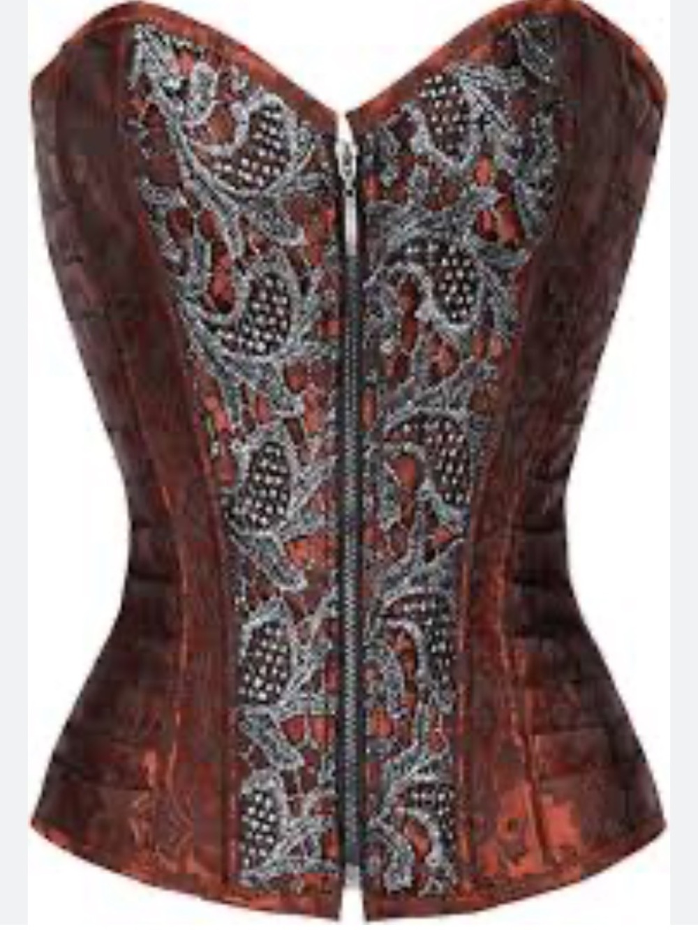 NWT Red Copper Sexy Gothic Brocade Corset with Metallic Silver Embroidery